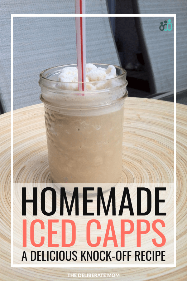 A homemade iced cappuccino in a mason jar with a red and white straw. The words "Homemade iced capps" and "A delicious copycat recipe" appear below the drink.